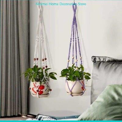 H7BF Flower Pots Pocket Hanging Handmade Cotton Rope
