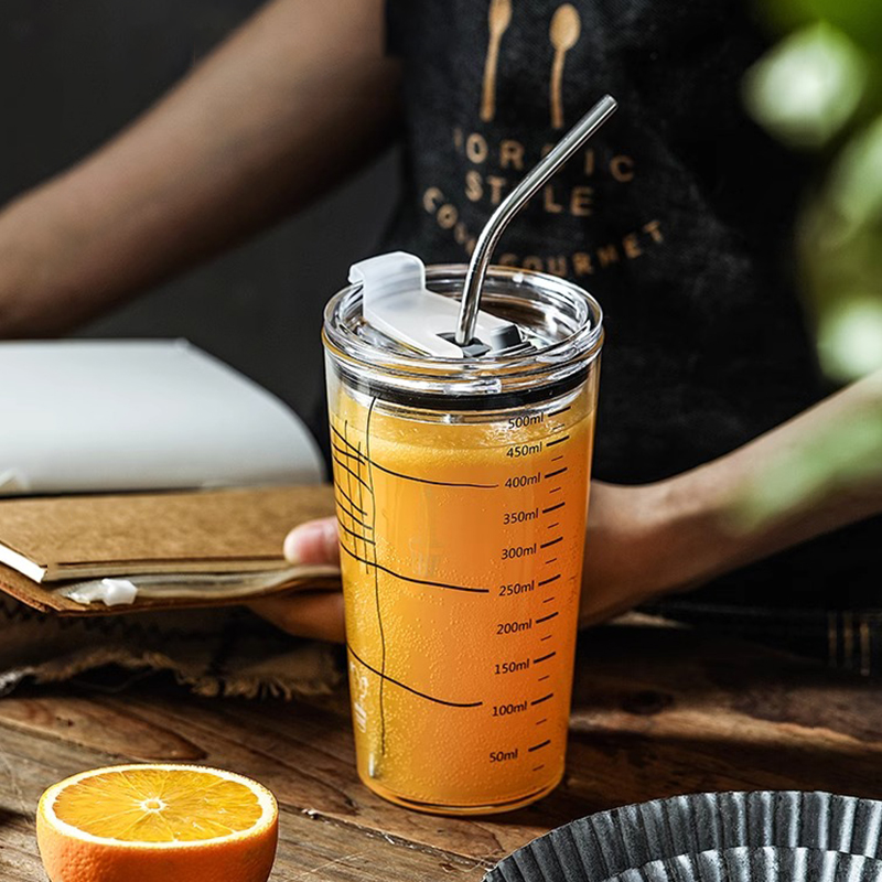 吸管杯耐高温高硼硅玻璃杯带刻度水杯冰美式咖啡杯果汁杯牛奶杯子