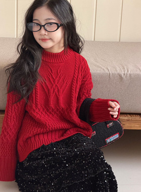 女童红色毛衣2025新款中大童针织打底衫本命年儿童毛线衣洋气上衣