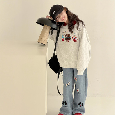 美式polo领撞色加绒卫衣女童2025新款冬季设计感卡通宽松加厚上衣