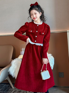 女童2025新款冬装套装儿童女时尚洋气时髦小香风红色新年衣服裙子