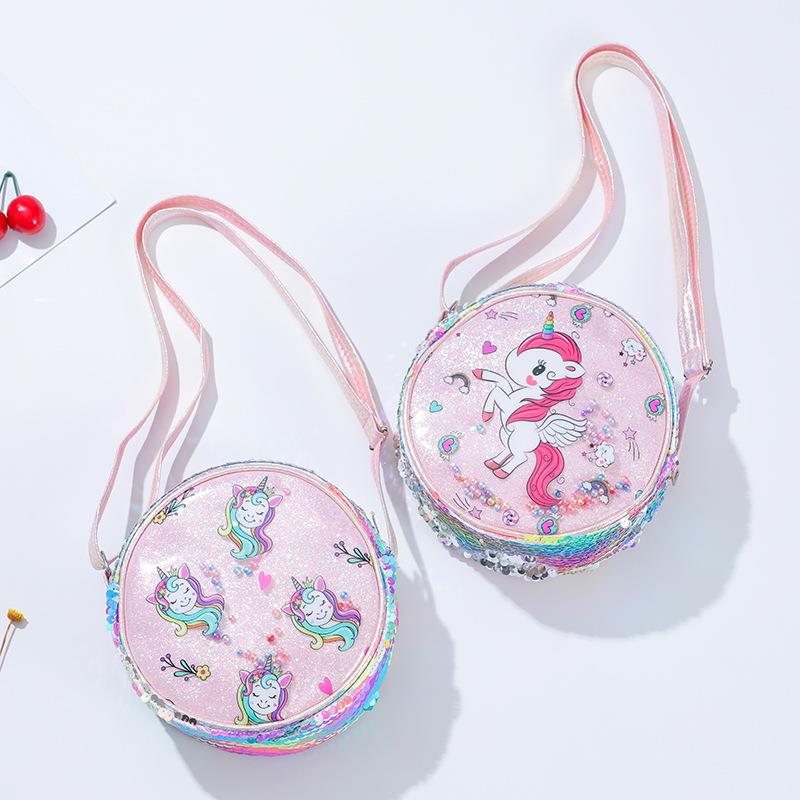 Cute Round Shape Shoulder Bags Unicorn Colorful Sequined Pur