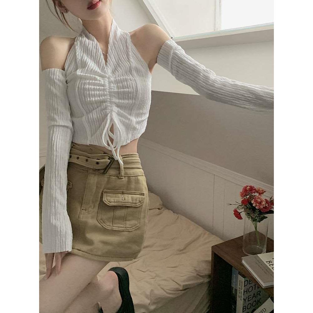 Black sweet and spicy drawstring hanging neck small camisole