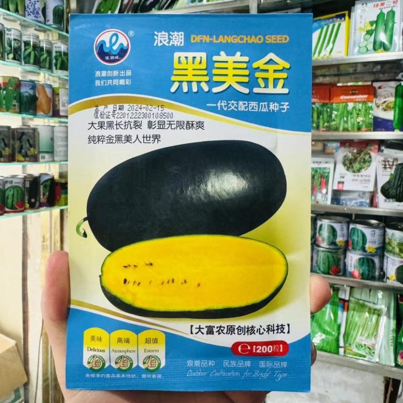 浪潮黑美金西瓜种子黄瓤黑美人大果长形抗裂抗病黑皮黄心西瓜种籽