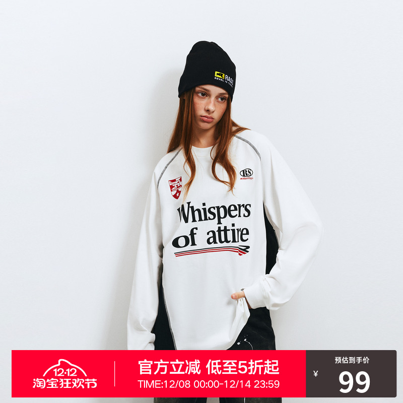 RASS徽章标语撞色t恤 国潮牌潮流美式复古街头情侣装宽松圆领长袖