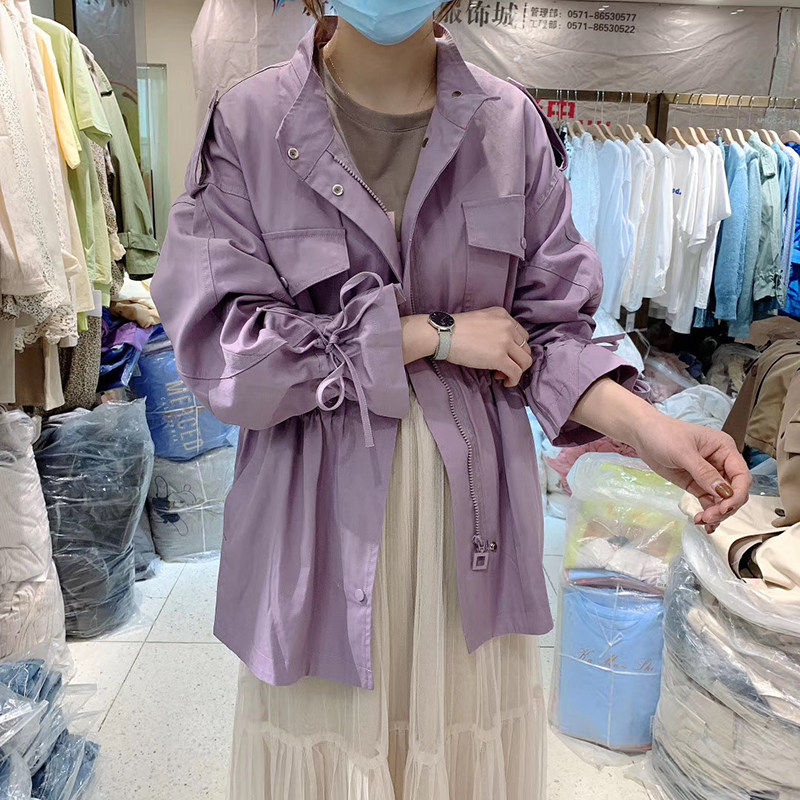 卡曼诗2020春装新款风衣长袖宽松抽绳上衣立领收腰外套夹克女装。