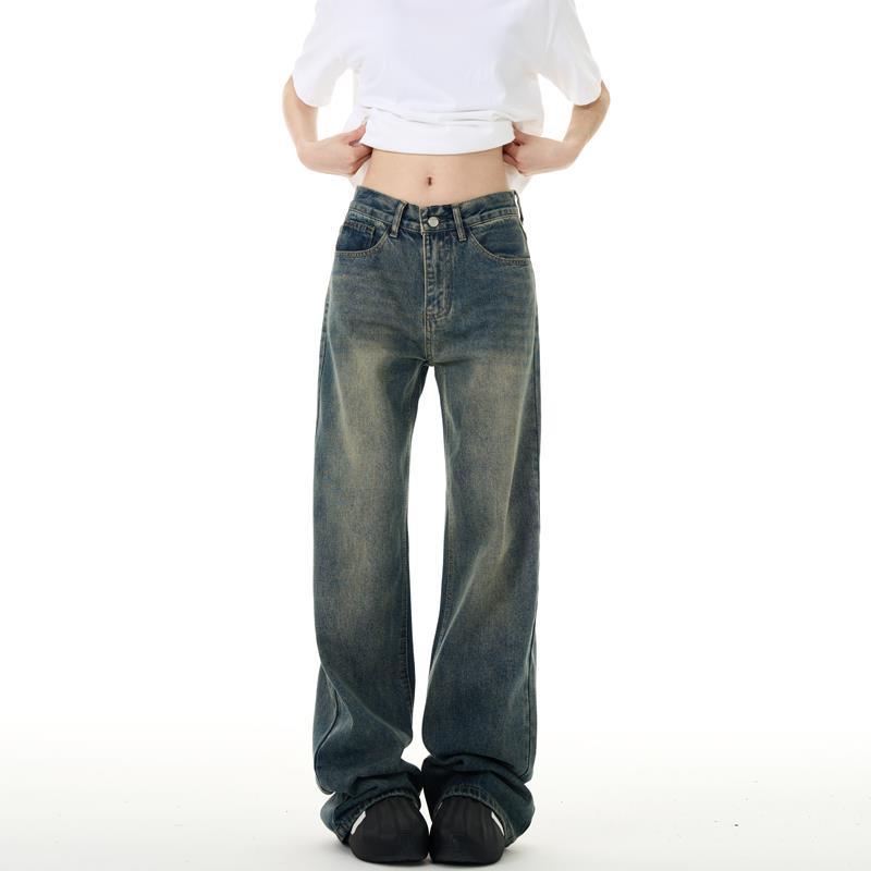 YEBOUN美式复古牛仔裤男女cleanfit水洗做旧高腰阔腿宽松直筒裤子