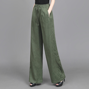 春季亚麻阔腿裤女士系带松紧腰休闲裤大码女裤棉麻裤子直筒长裤子