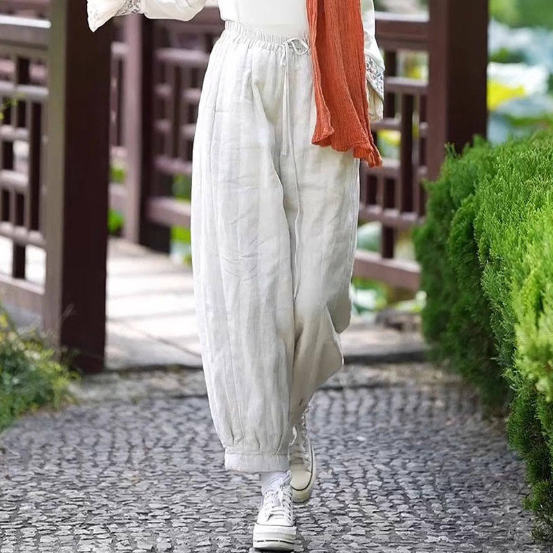 2025秋冬新款纯色松紧腰系绳复古砂洗纯亚麻灯笼棉裤女,女装/女士精品,棉裤/羽绒裤,淘宝优惠券,粉丝福利购,淘宝优惠卷