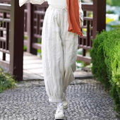 女 纯色松紧腰系绳复古砂洗纯亚麻灯笼棉裤 2026夏季 新款