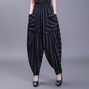 秋季条纹灯笼裤女士哈伦裤宽松大码高腰垂感不规则口袋设计休闲裤