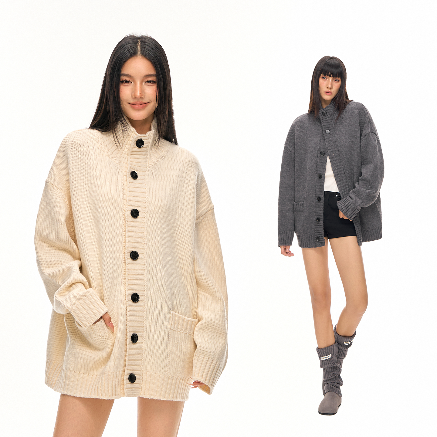 CLIMAX VISION羊毛混纺慵懒风宽松高领加厚保暖大开衫毛衣外套