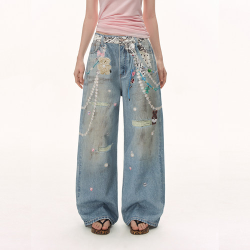 CLIMAX VISION3D涂鸦丝巾小熊珍珠链条破洞直筒牛仔裤女款脏脏裤