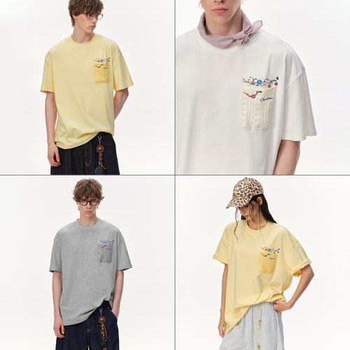 CLIMAX VISION花卉刺绣毛织口袋舒弹圆领短袖T恤百搭宽松情侣tee
