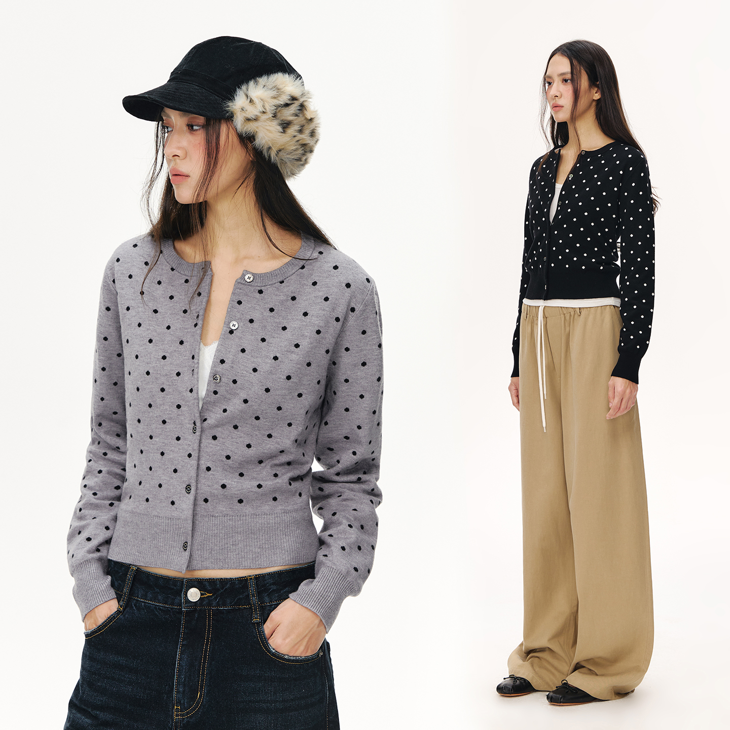 CLIMAX VISION高智感拼色波点高弹包芯纱圆领针织开衫毛衣