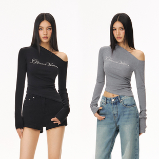 顯瘦斜肩長袖 T恤女 VISION辣妹珍珠燙鉆logo不規則下擺修身 CLIMAX