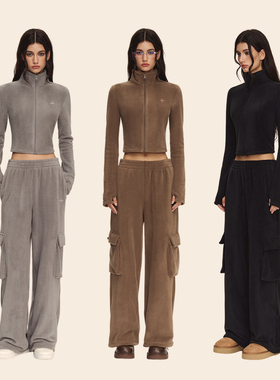 CLIMAX VISION双面摇粒绒保暖立领拉链短外套女直筒工装裤套装