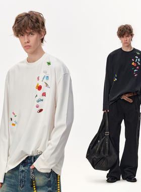 CLIMAX VISION美式洗水做旧趣味贴纸印花长袖T恤春秋宽松打底衫