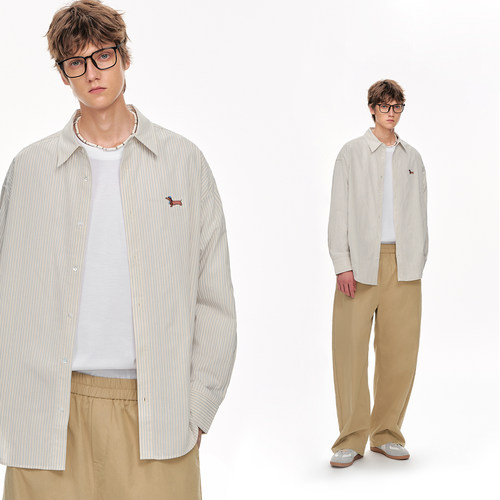 CLIMAX VISION干爽透气慵懒风竖条纹腊肠狗刺绣纯棉长袖衬衫