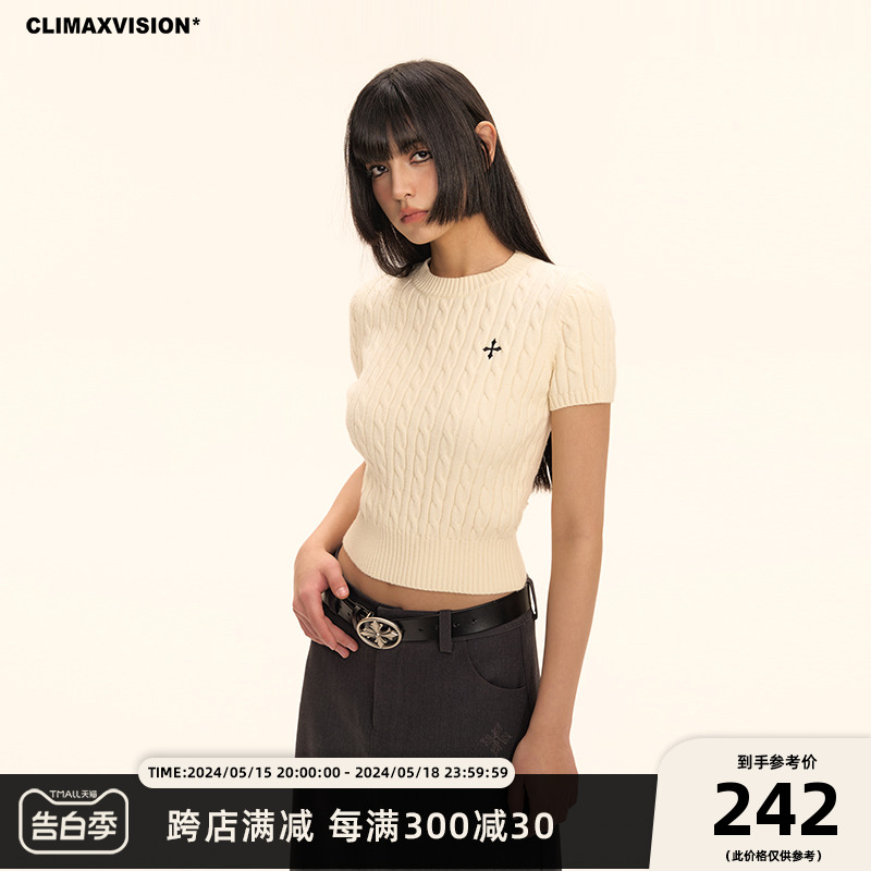 CLIMAX VISION十字架刺绣短袖针织衫女短款修身辣妹毛衣 春夏新品