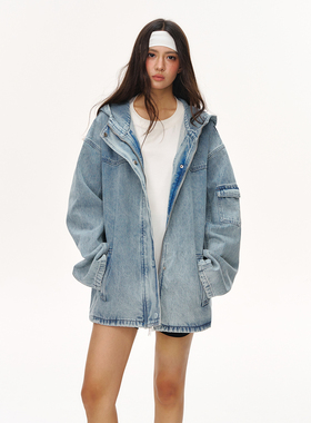 CLIMAX VISION水洗蓝做旧复古重工拉链连帽牛仔外套中性风夹克