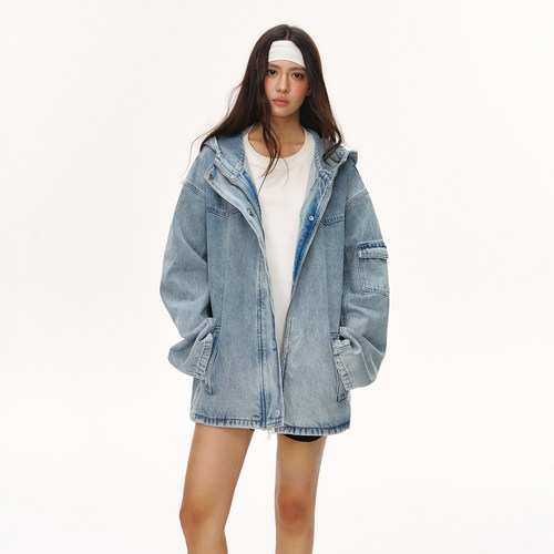 CLIMAX VISION水洗蓝做旧复古重工拉链连帽牛仔外套中性风夹克