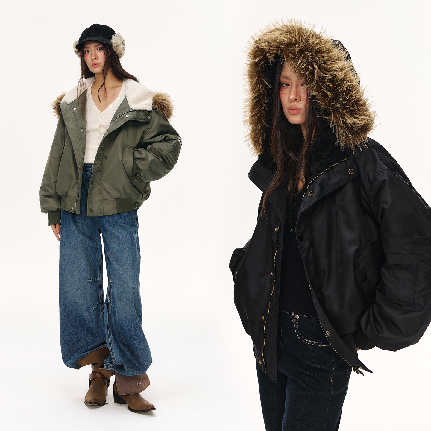 CLIMAX VISION复古可拆卸连帽毛领夹棉保暖外套派克服女