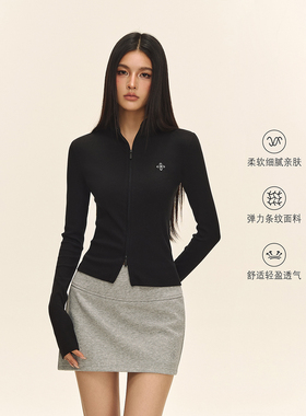 CLIMAX VISION柔软亲肤十字花显瘦双开拉链开衫长袖T恤打底女款