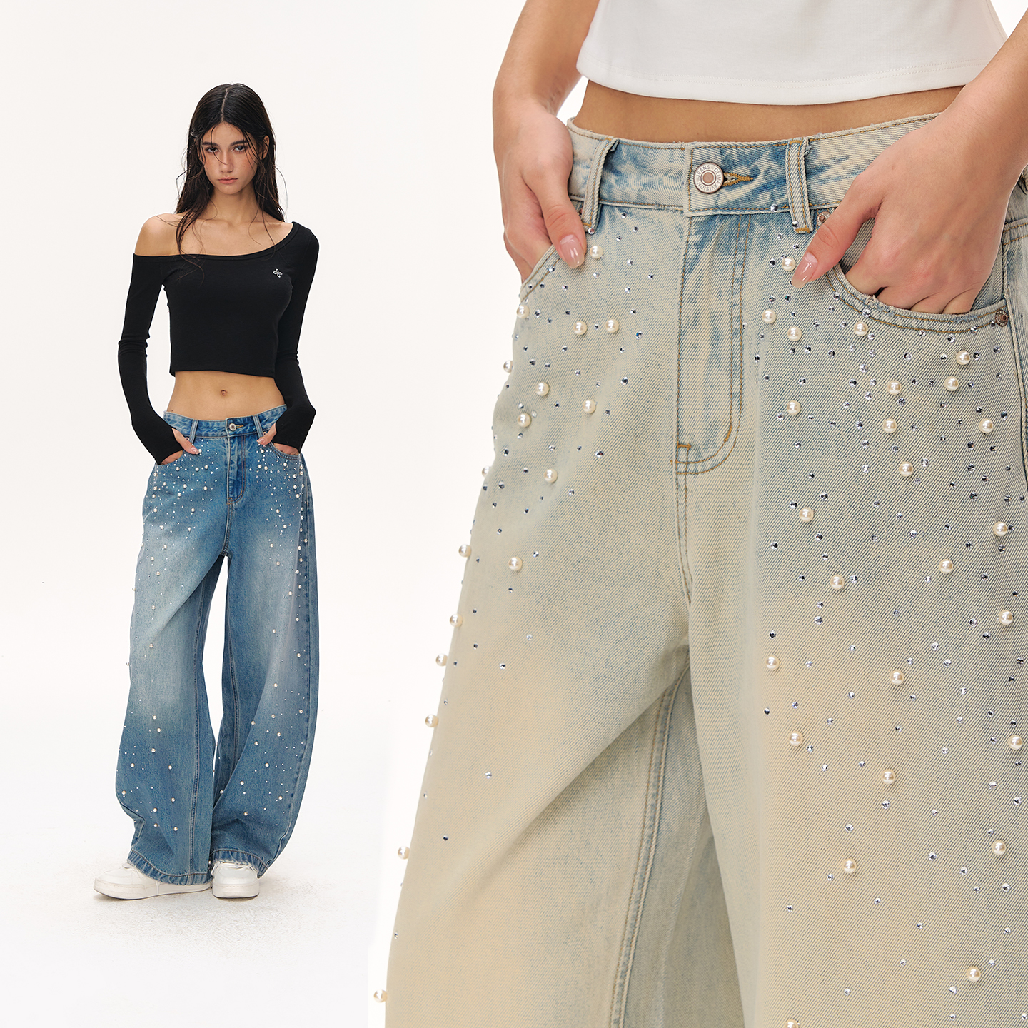 CLIMAX VISION满天星手工烫钻珍珠廓形弯刀牛仔裤钉珠水洗长裤