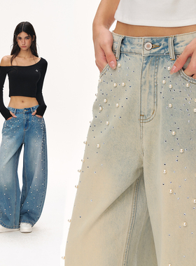 CLIMAX VISION满天星手工烫钻珍珠廓形弯刀牛仔裤钉珠水洗长裤