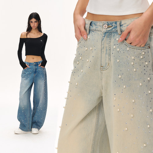 CLIMAX VISION满天星手工烫钻珍珠廓形弯刀牛仔裤钉珠水洗长裤