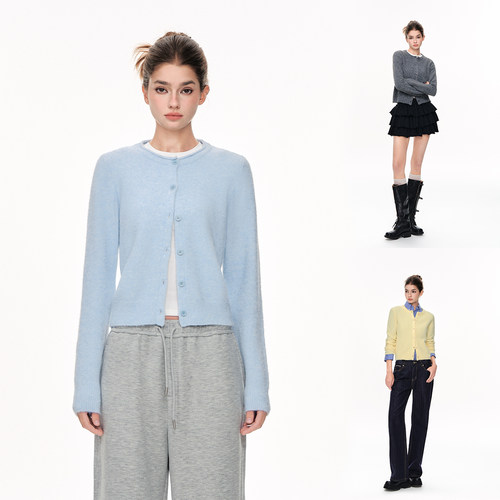 CLIMAX VISION软糯温暖绒毛感羊毛混纺卷边圆领复古针织开衫毛衣