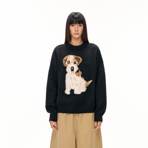 CLIMAX VISION毛绒卡通小狗提花圆领套头毛衣中性风休闲针织衫