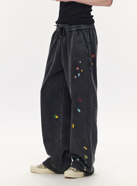 CLIMAX VISION趣味贴纸印花水洗做旧宽松直筒休闲长裤