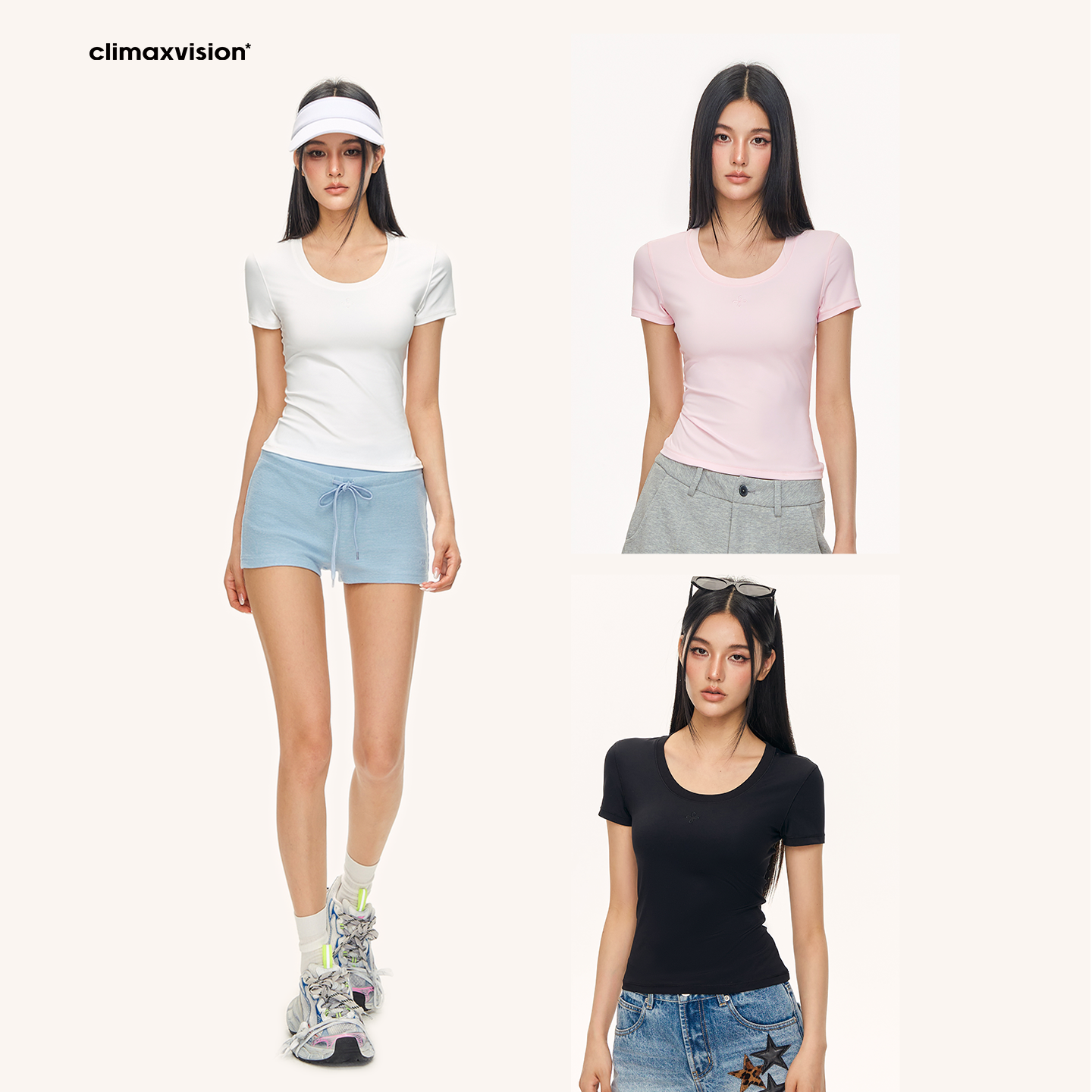 CLIMAX VISION纯欲风U形领正肩修身短袖T恤女掐腰塑形显瘦上衣