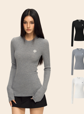 CLIMAX VISION可机洗绵羊毛粗坑条弹力针织打底衫女十字提花长袖
