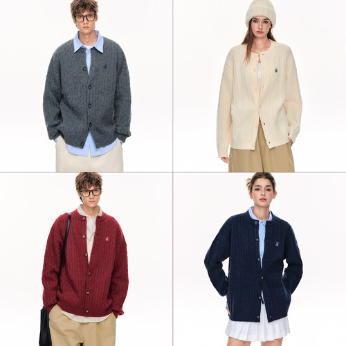 CLIMAX VISION软糯北极绒圆领绞花复古针织开衫毛衣外套男女同款