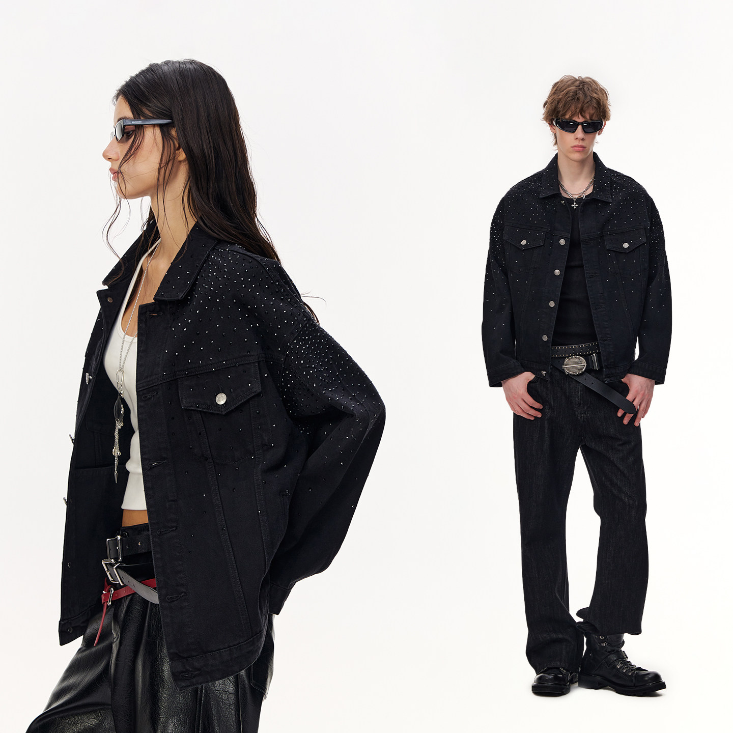 CLIMAX VISION满天星闪钻宽松牛仔夹克水洗做旧外套男女同款