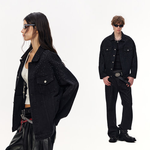 CLIMAX VISION满天星闪钻宽松牛仔夹克水洗做旧外套男女同款