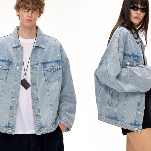 CLIMAX VISION做旧复古短宽廓形重工烫钻牛仔外套夹克12.6盎司