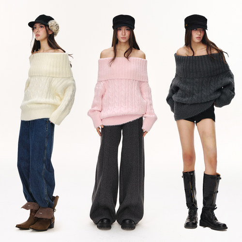 CLIMAX VISION氛围感美学/软糯慵懒温柔一字肩麻花肌理感针织毛衣