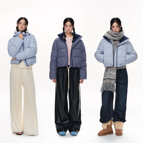 CLIMAX VISION撞色格纹可拆卸连帽立领保暖短款面包羽绒服外套