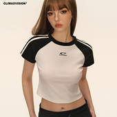VISION美式 修身 复古撞色条纹插肩短款 T恤 显瘦 辣妹短袖 CLIMAX
