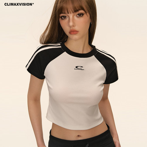 CLIMAXVISION插肩撞色短款T恤