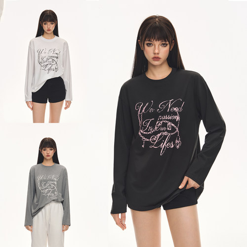 CLIMAX VISION面膜肤感莫代尔做旧链条字母印花宽松长袖T恤女