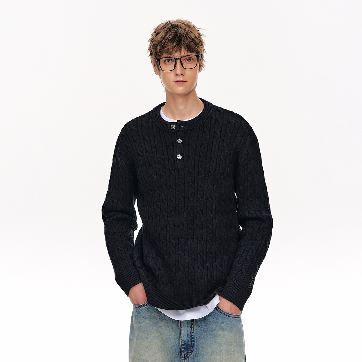 CLIMAX VISION亨利领复古麻花针织衫老钱风基础简约廓形毛衣