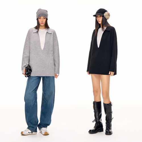 CLIMAX VISION仿羊驼深V领套头毛衣慵懒松弛感落肩坑条宽松针织衫