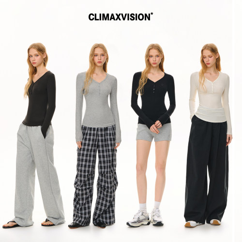 CLIMAX VISION十字花舒弹轻压感莱赛尔V领纽扣修身长袖T恤打底衫