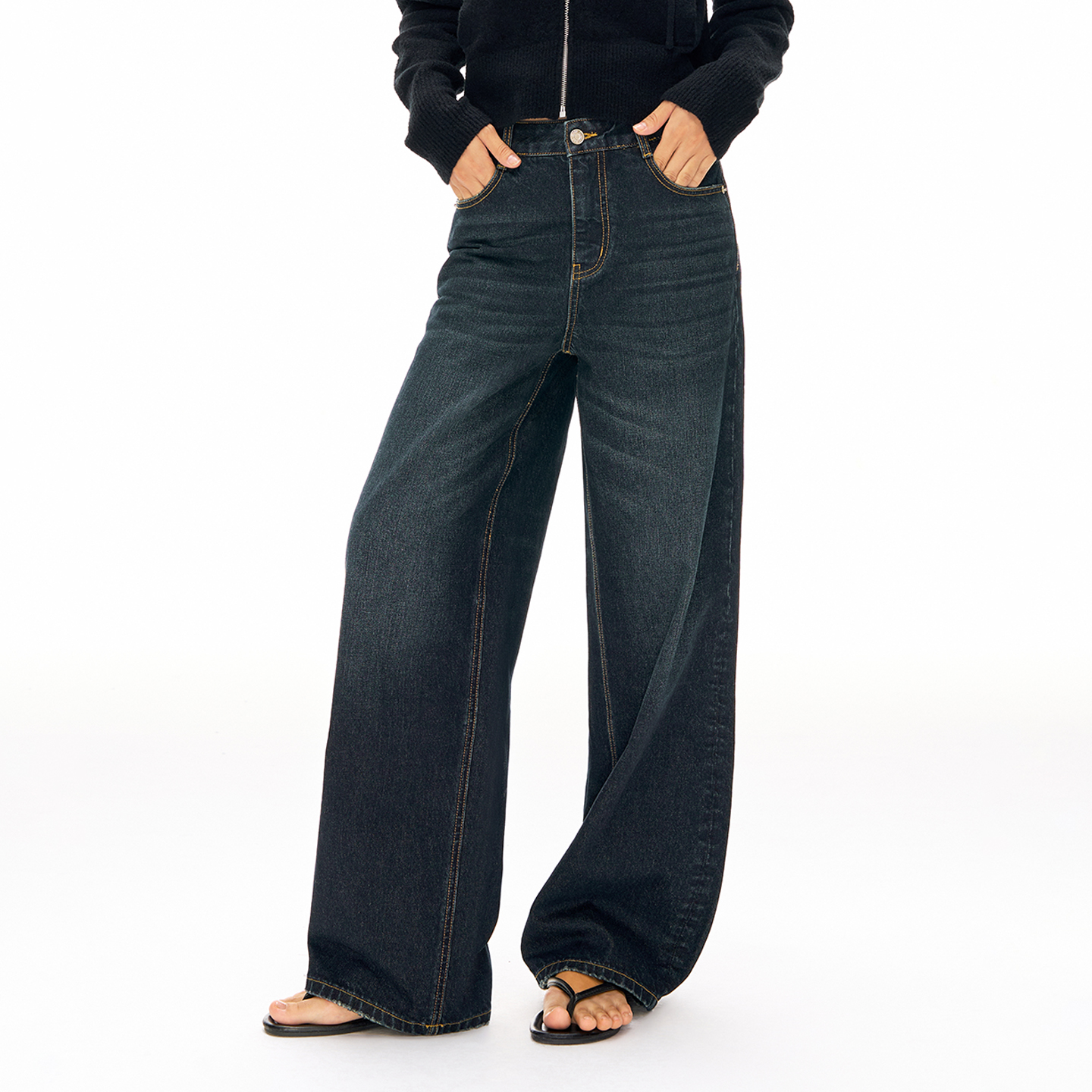 CLIMAX VISION复古做旧墨蓝水洗猫须直筒牛仔裤女款宽松阔腿长裤