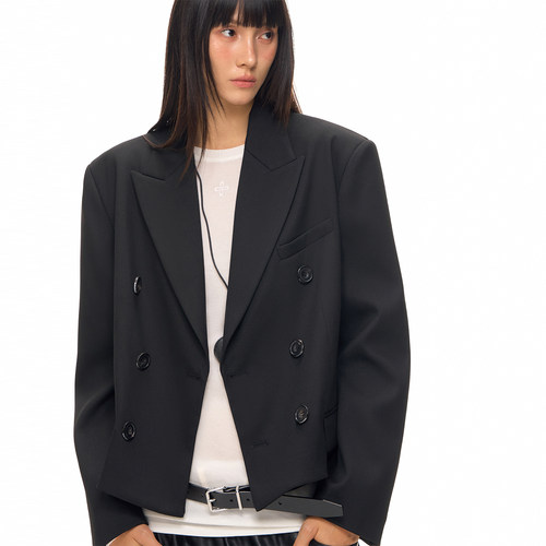 CLIMAX VISION高密斜纹双排扣宽肩阔形短款休闲西装外套夹克女款